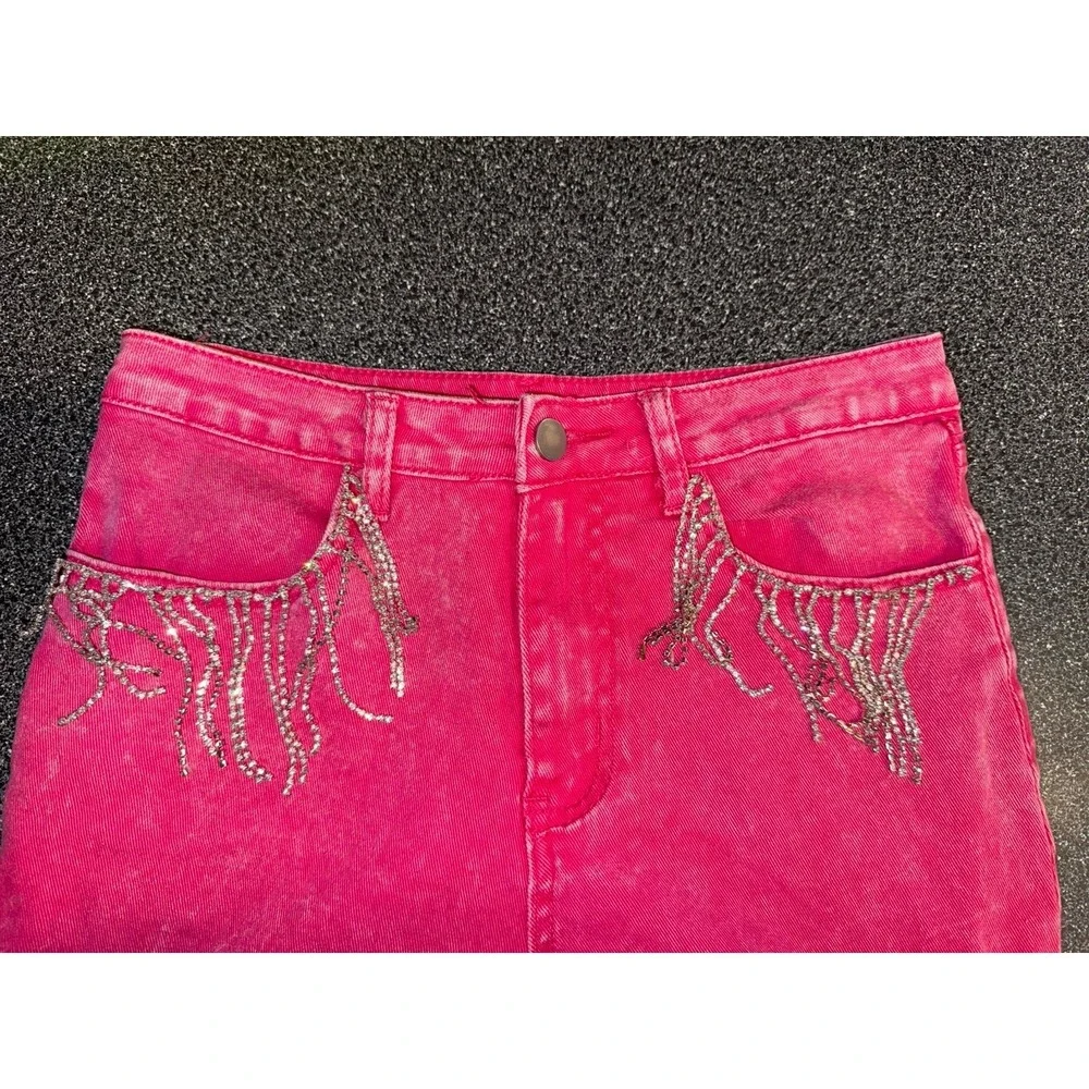 Ladies Blue B Collection Pink Denim Rhinestone Accent Pockets Bell Bottom Size S